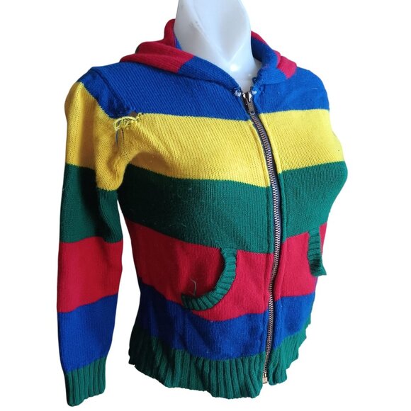 XS Vintage Hoodie Sweater Women's Rainbow Striped Knit Zip-Up Pockets 70's Hippy - Picture 4 of 8